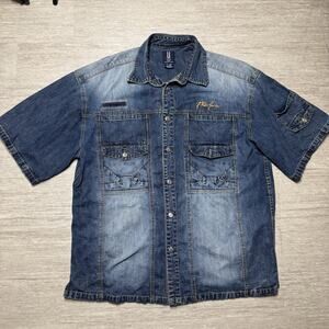 Vintage Baggy Phat Farm Denim Shirt XXL Y2K Short Sleeve Button Up Stone Wash